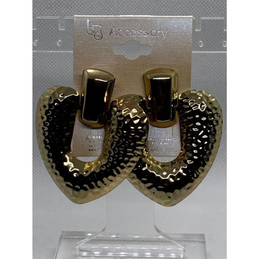 3For$20 LG Gold Tone Hammered Hoop Earrings Chucky Statement Bold Earrings